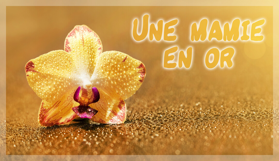 Gros plan sur une fleur d'orchidée jaune et violette, couverte de gouttes d'eau scintillantes, sur un fond doré et lumineux.