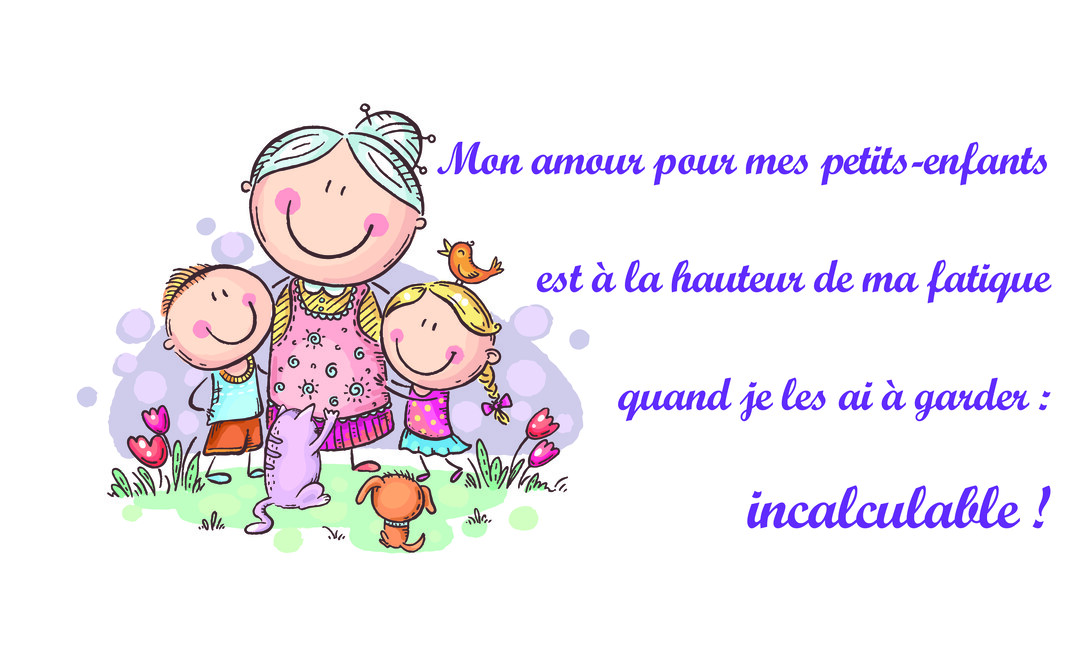 Illustration de style enfantin montrant une grand-mère et ses petits-enfants souriants, accompagnés d'animaux, dans un décor fleuri sur fond blanc.