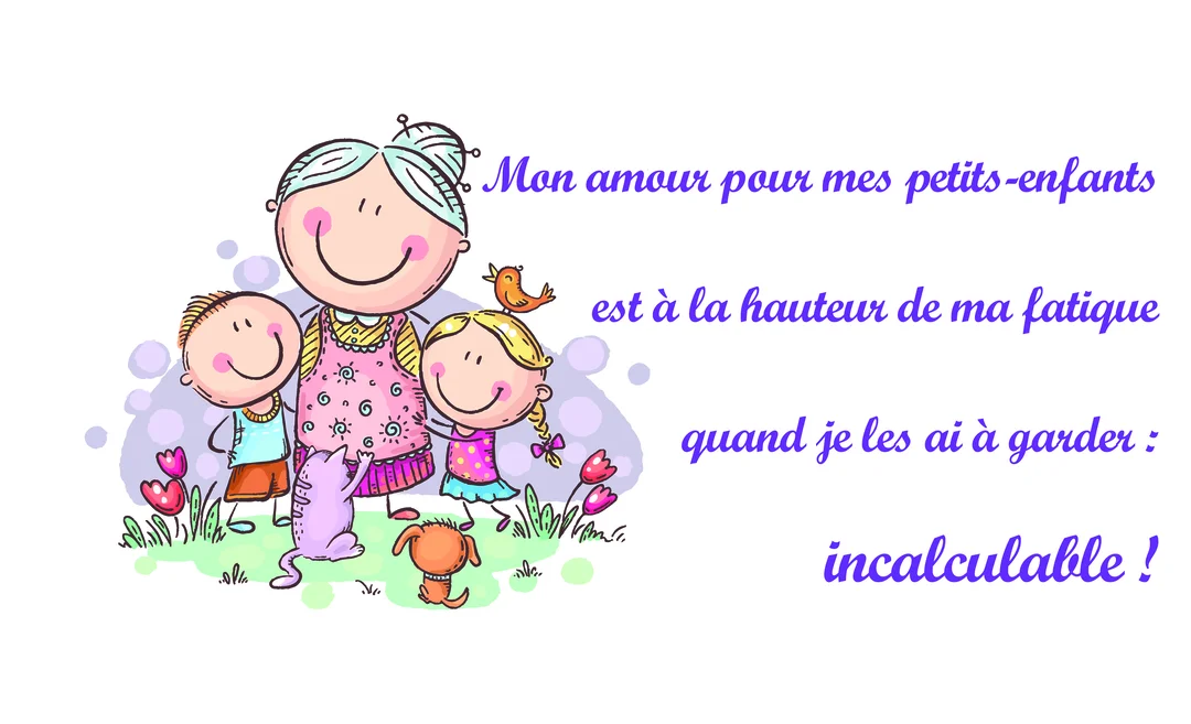 Illustration de style enfantin montrant une grand-mère et ses petits-enfants souriants, accompagnés d'animaux, dans un décor fleuri sur fond blanc.