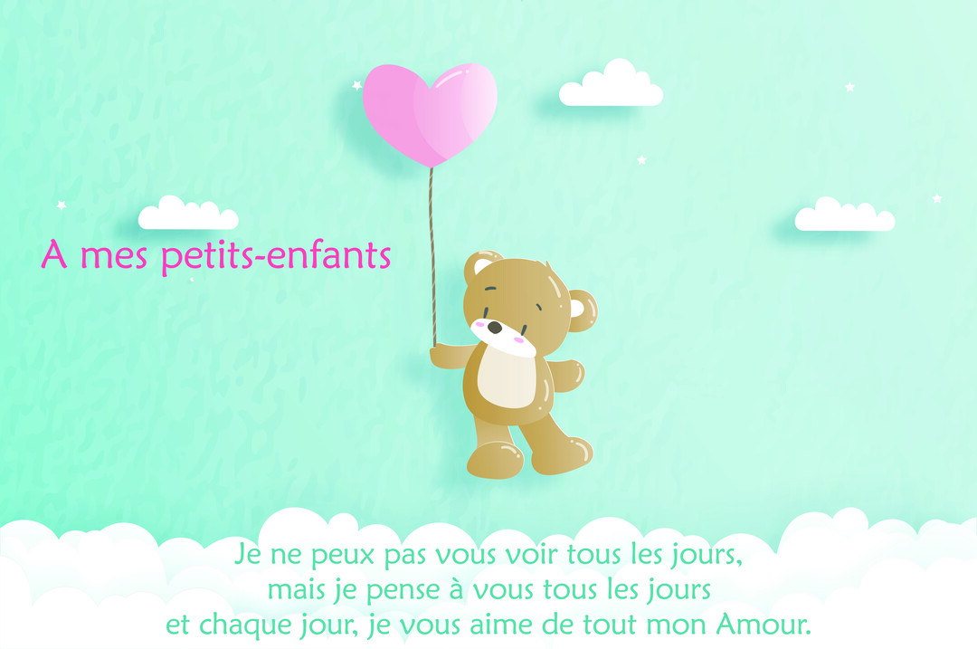 Un petit ours en peluche marron flotte dans un ciel vert d'eau, tenant un ballon rose en forme de cœur parmi des nuages blancs stylisés.