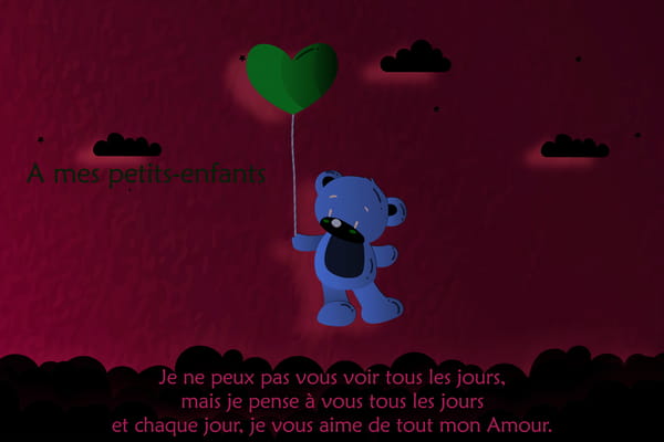 Carte pour petits-enfants avec un ourson mignon tenant un ballon en forme de cœur. Texte d'amour d'une grand-mère : 'Je pense à vous tous les jours'.