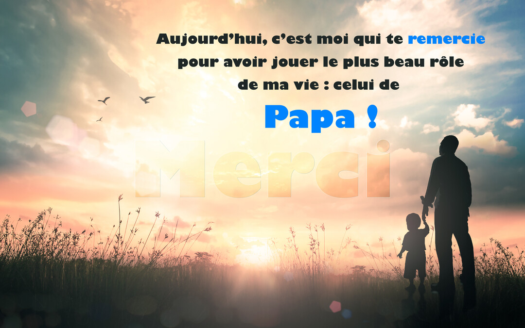 Une silhouette d'un père tenant la main de son jeune enfant se dessine devant un coucher de soleil éclatant dans un champ d'herbes.