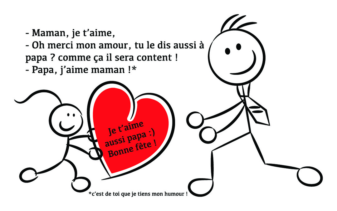 Un dessin au trait simple montre un enfant souriant tendant un grand cœur rouge à son père, également dessiné en bonhomme allumette.