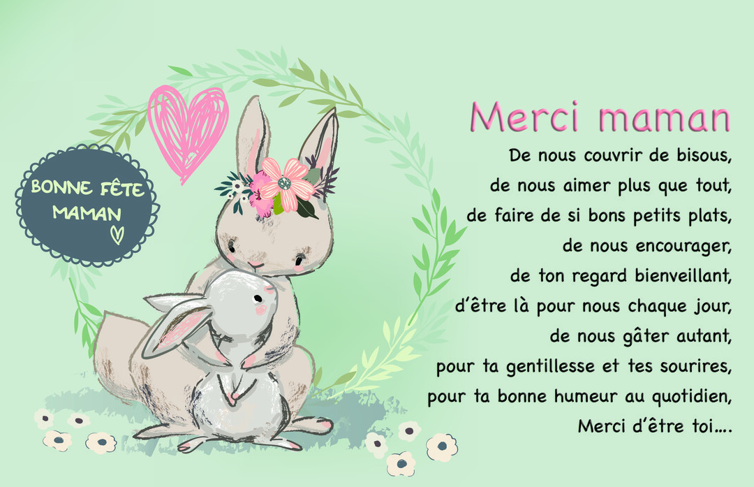 Une illustration tendre d'une maman lapin coiffée de fleurs serrant son lapereau, sur un fond vert pastel avec un poème de remerciements pour maman.