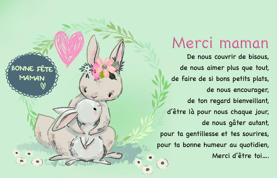 Une illustration tendre d'une maman lapin coiffée de fleurs serrant son lapereau, sur un fond vert pastel avec un poème de remerciements pour maman.