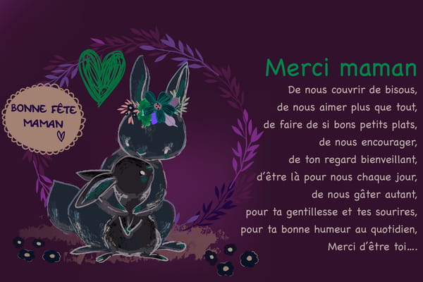 Carte pour la Fête des Mères illustrée d'une maman lapin faisant un câlin à son petit, avec un poème pour lui dire merci pour tout son amour.