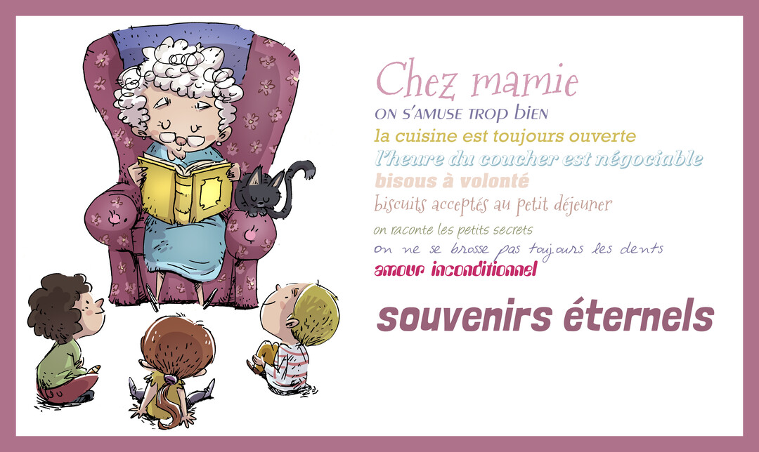 Une grand-mère aux cheveux blancs, assise dans un fauteuil, lit un livre à trois enfants attentifs, avec un chat noir à ses côtés.