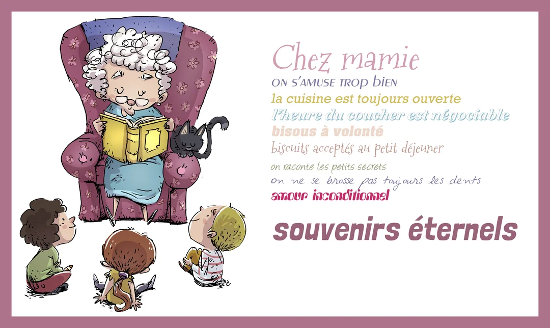 Une grand-mère aux cheveux blancs, assise dans un fauteuil, lit un livre à trois enfants attentifs, avec un chat noir à ses côtés.