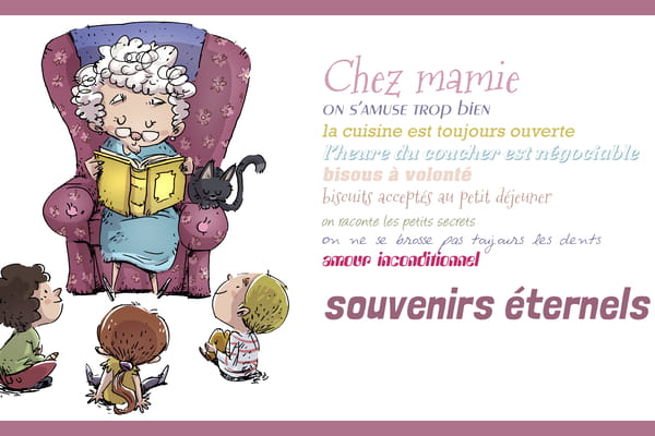 Une grand-mère lit une histoire à ses petits-enfants, avec un texte énumérant les joies et l'amour inconditionnel que l'on trouve chez mamie.