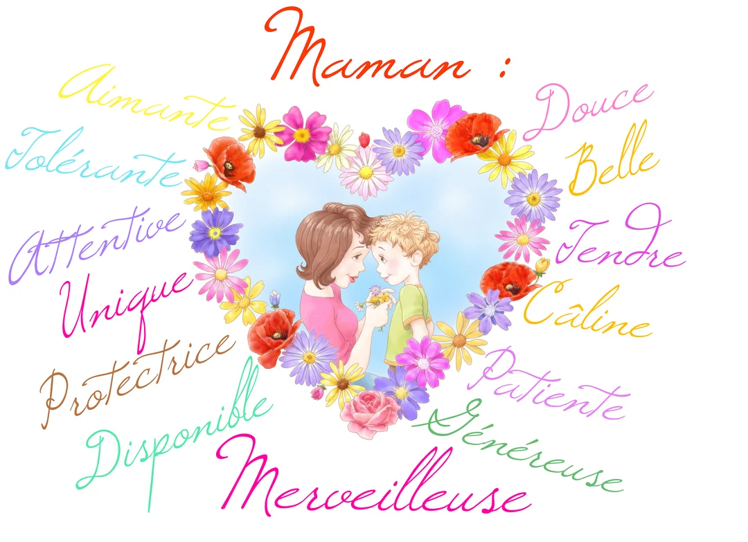 Une illustration montre une mère et son fils au centre d'un cœur de fleurs, avec des adjectifs décrivant une maman écrits tout autour.
