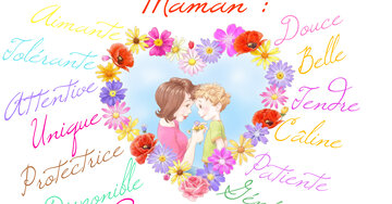 Aperçu de la carte : « Maman : douce, belle, tendre, câline, patiente, généreuse, merveilleuse... »