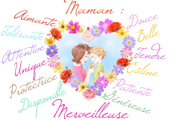 Carte pour Maman: un enfant offre des fleurs à sa mère dans un cœur floral, entouré de qualificatifs affectueux comme 'douce', 'aimante' et 'merveilleuse'.