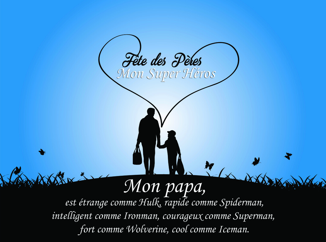 Silhouette noire d'un père et son fils marchant main dans la main sur une colline, sous un ciel bleu et un grand cœur dessiné.