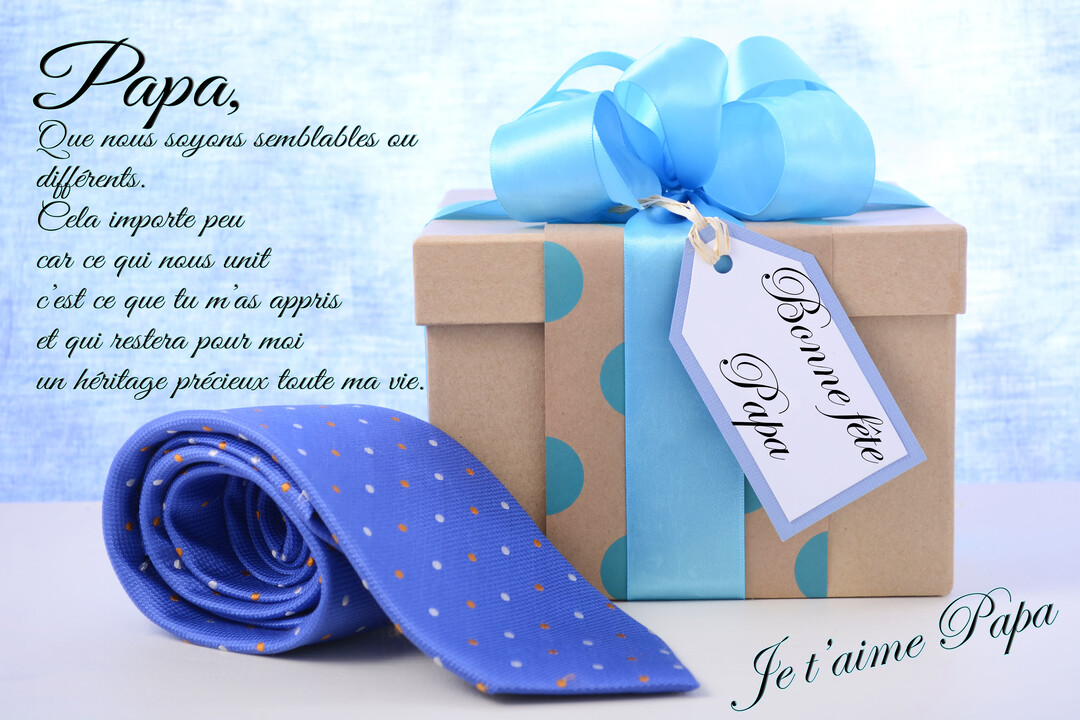 Une composition pour la Fête des Pères montrant un paquet cadeau avec une étiquette 'Bonne Fête Papa' et une cravate bleue enroulée.