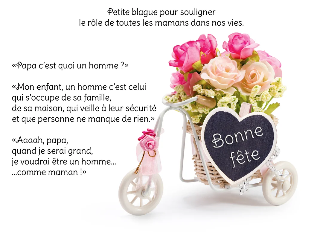 Un petit tricycle blanc décoratif porte un bouquet de roses roses et une ardoise en forme de cœur indiquant 'Bonne fête'.