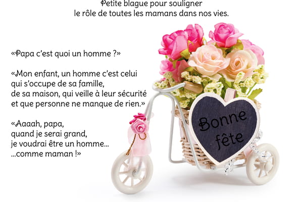 Carte humoristique pour la Fête des Mères avec une blague sur le rôle de maman, illustrée par un tricycle fleuri et une ardoise en cœur 'Bonne fête'.