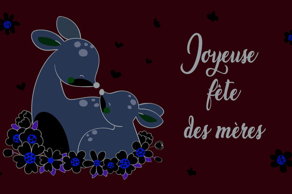 Carte de Fête des Mères montrant une biche et son faon se touchant le nez, entourés de fleurs blanches sur un fond pastel.