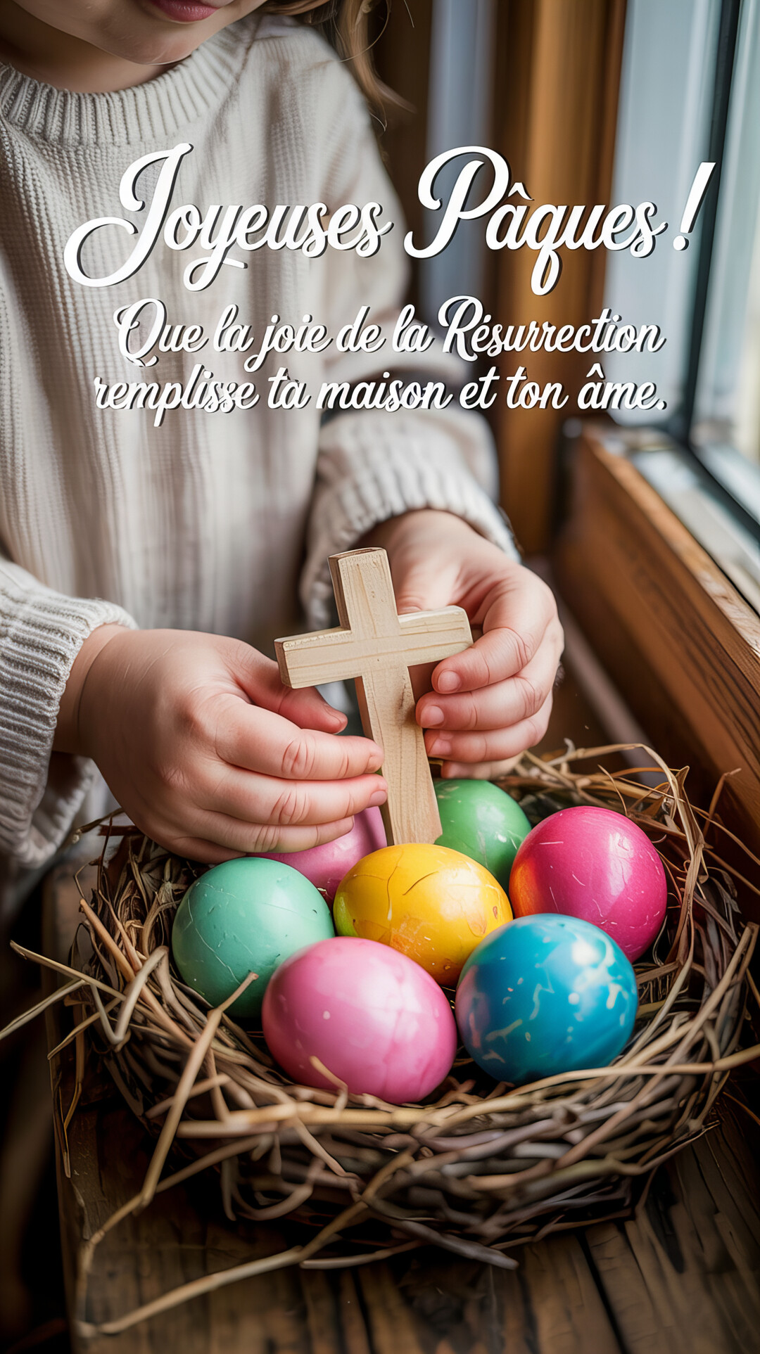 Des mains d'enfant tiennent une croix chrétienne en bois au-dessus d'un nid de paille contenant des œufs de Pâques vivement colorés.