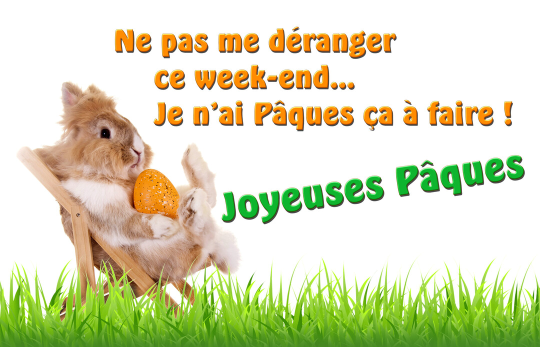 Un lapin mignon se détend sur une chaise longue dans l'herbe, tenant un œuf de Pâques, avec un texte humoristique sur fond blanc.