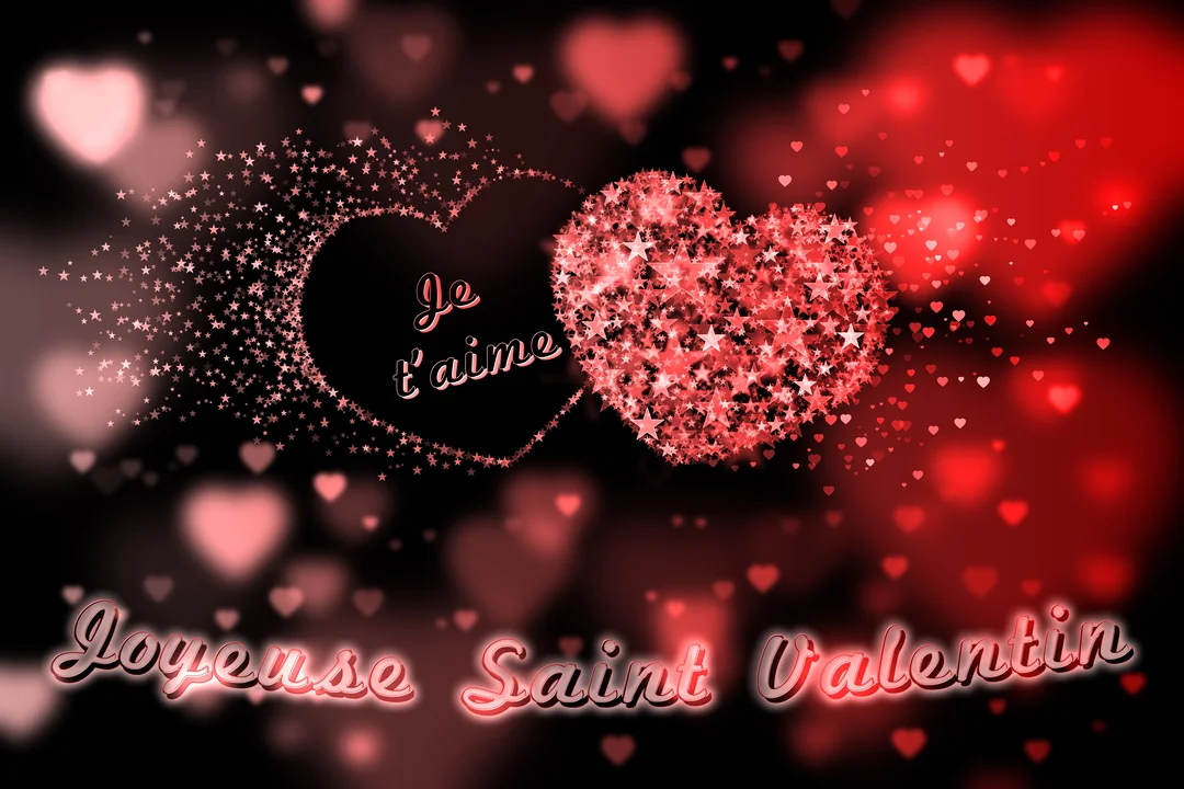 Sur un fond noir, deux cœurs rouges scintillants d'étoiles accompagnent les textes 'Je t'aime' et 'Joyeuse Saint Valentin' en lettrage lumineux.
