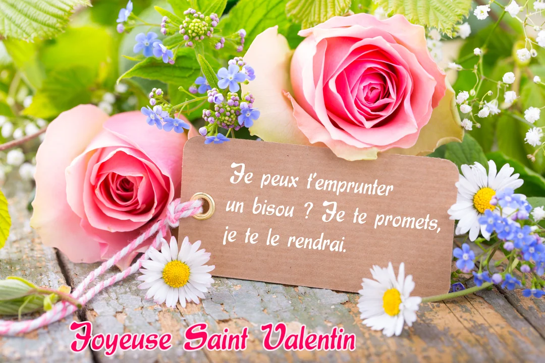Texte Bonne Saint-Valentin en calligraphie blanche avec boîte de chocolats en forme de cœur et pétales de roses