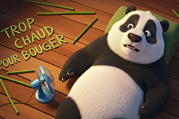 Un panda en 3D, allongé sur un parquet, transpire devant un ventilateur. Le texte humoristique 'Trop chaud pour bouger' flotte à côté de lui.