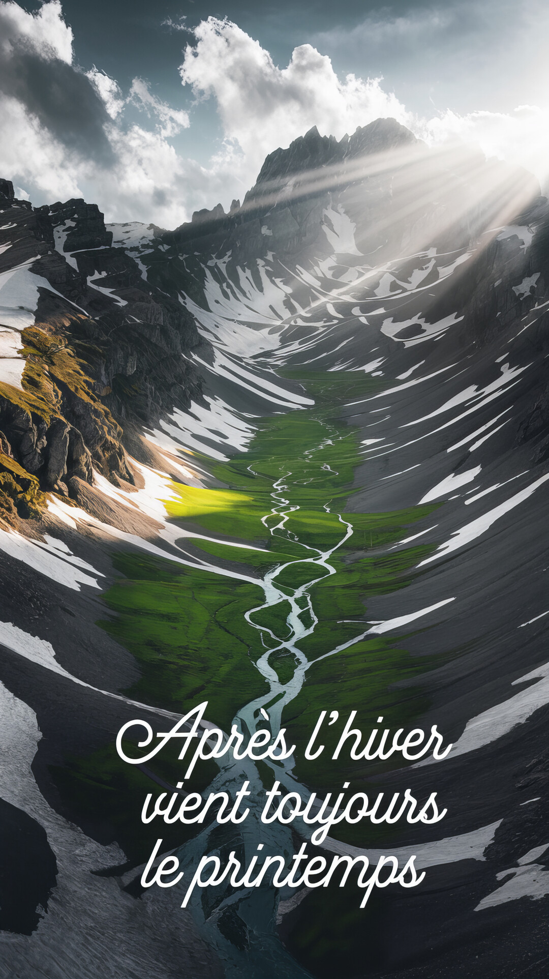 Vue plongeante sur une vallée de montagne verdoyante, serpentée par une rivière, contrastant avec les sommets enneigés sous un ciel nuageux percé de soleil.