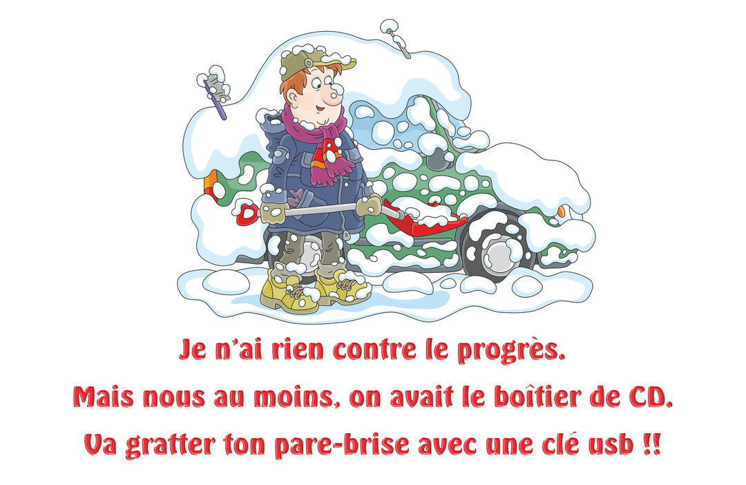 Un homme dessiné de style cartoon, en bonnet et écharpe, se tient à côté de sa voiture verte entièrement couverte de neige.
