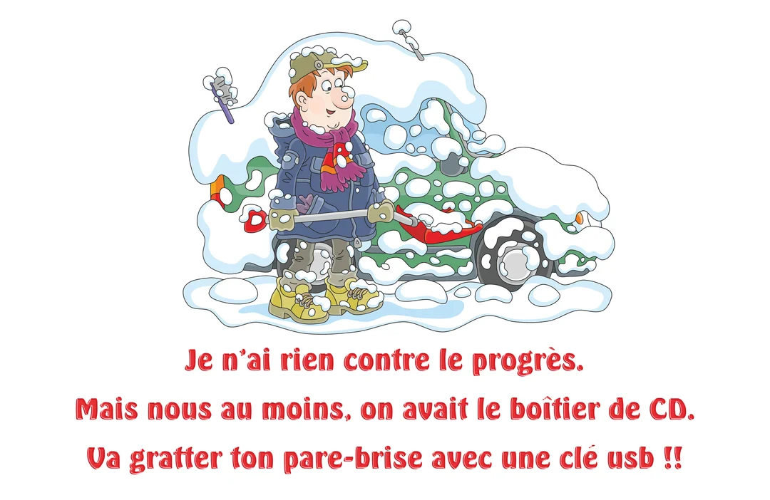 Un homme dessiné de style cartoon, en bonnet et écharpe, se tient à côté de sa voiture verte entièrement couverte de neige.