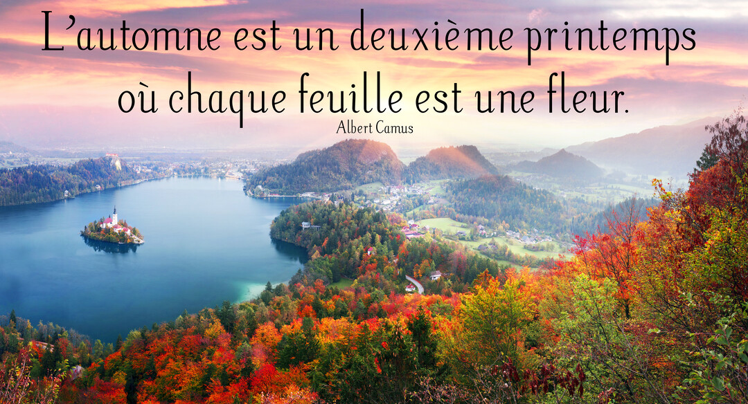 Vue panoramique d'un lac avec une île et une église, entouré de montagnes et de forêts aux couleurs éclatantes de l'automne.