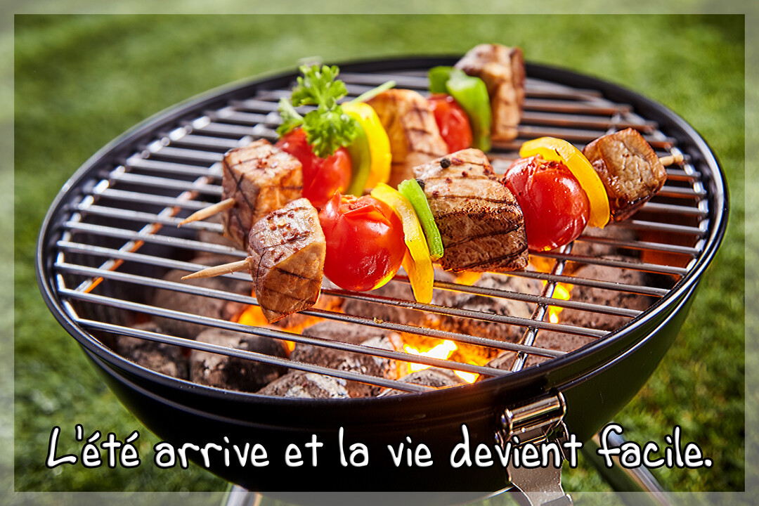 Deux brochettes de viande, de tomates cerises et de poivrons colorés grésillent sur la grille d'un barbecue allumé, posé sur de l'herbe verte.