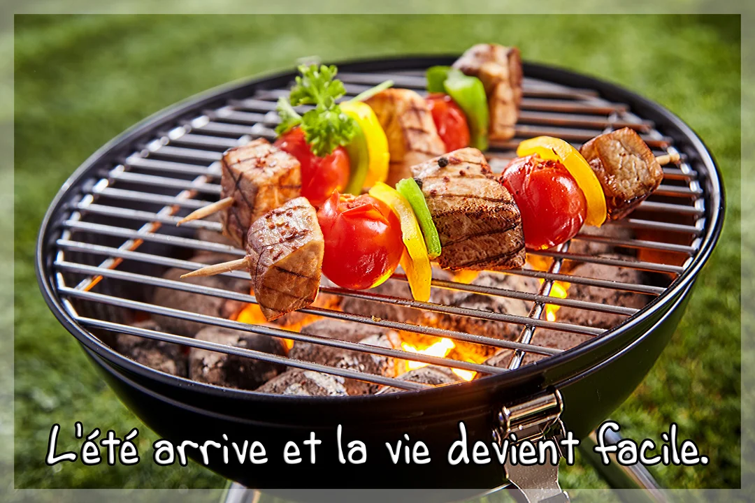 Deux brochettes de viande, de tomates cerises et de poivrons colorés grésillent sur la grille d'un barbecue allumé, posé sur de l'herbe verte.