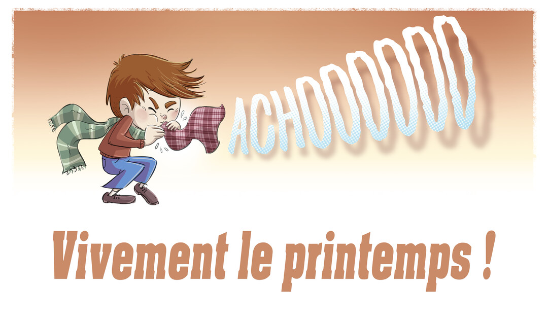 Un jeune garçon avec une écharpe verte éternue avec force, l'onomatopée 'ACHOOOOOOO' s'échappant de sa bouche sur un fond dégradé.
