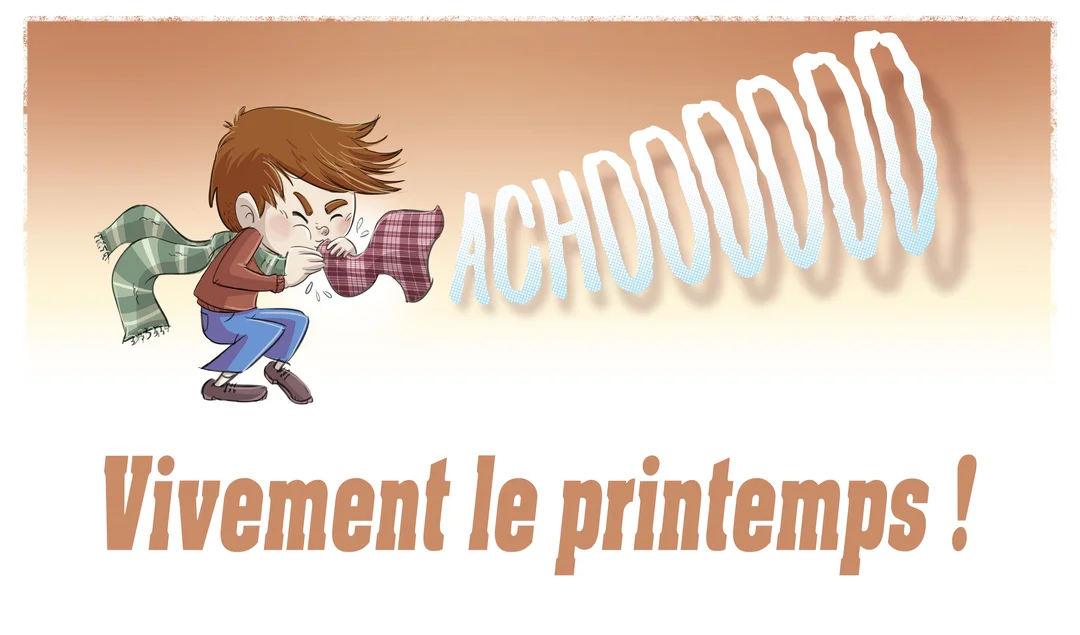 Un jeune garçon avec une écharpe verte éternue avec force, l'onomatopée 'ACHOOOOOOO' s'échappant de sa bouche sur un fond dégradé.