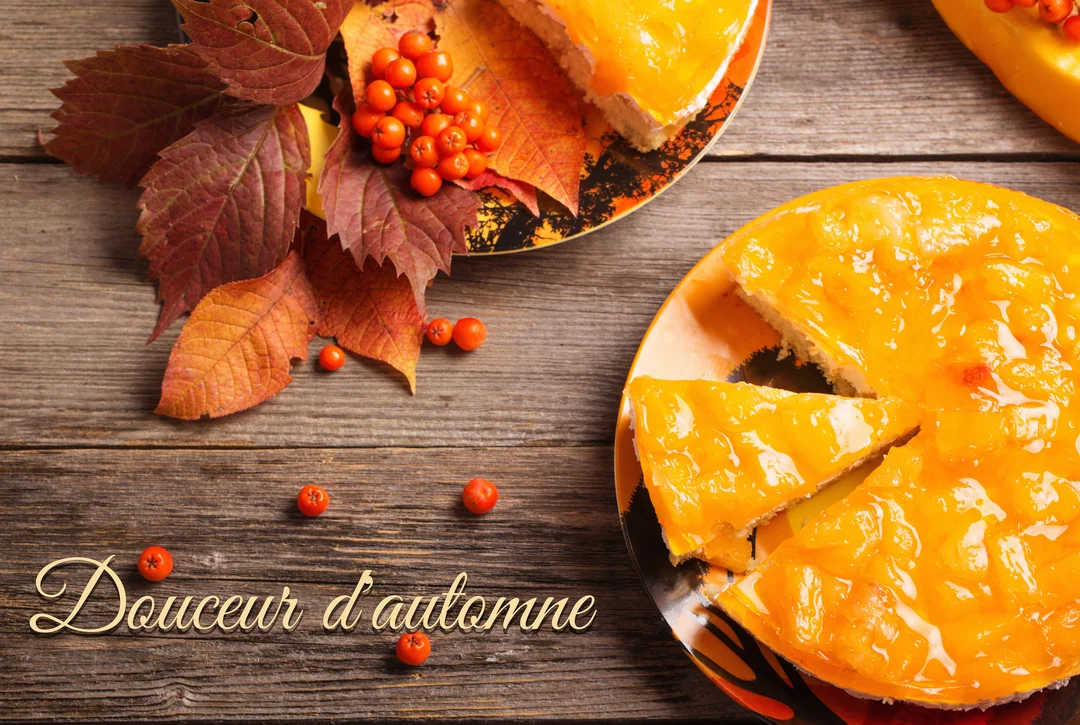 Une vue de dessus d'une tarte aux fruits dorée, accompagnée de feuilles et baies d'automne, posée sur une table en bois.