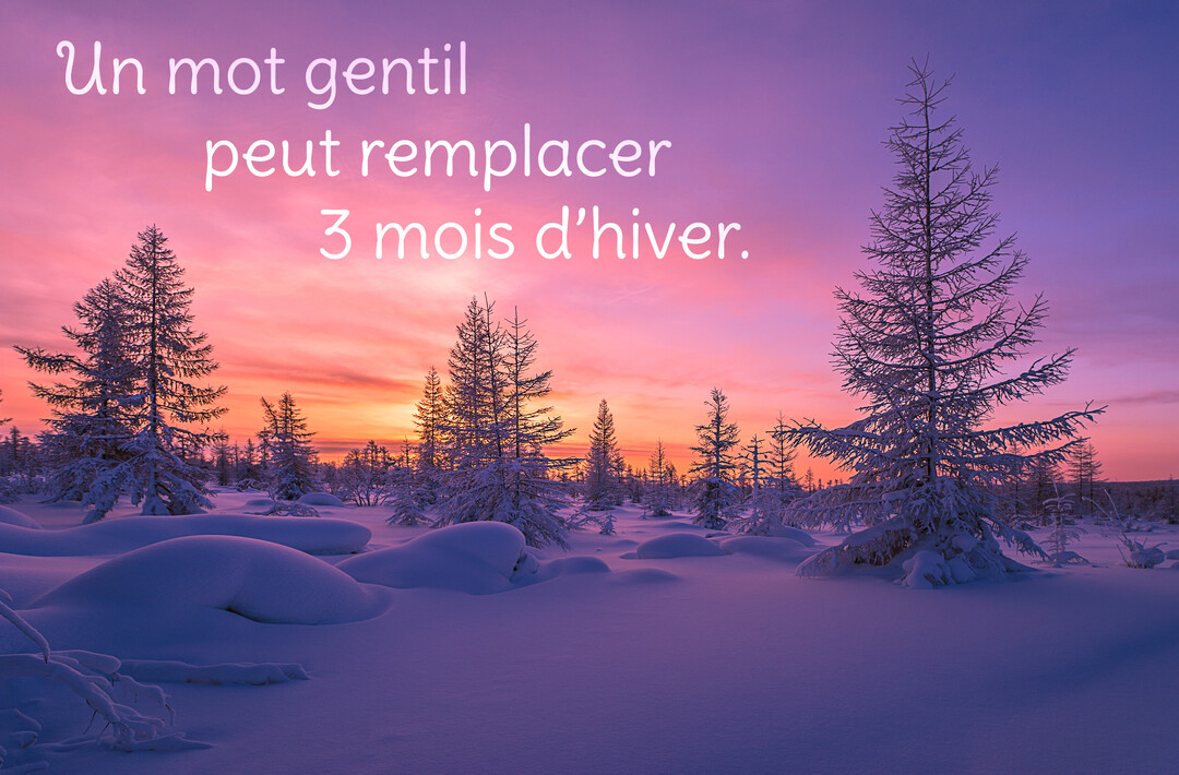 Une forêt de sapins couverts de neige sous un ciel crépusculaire dégradé de rose et violet, avec une citation poétique sur la gentillesse.