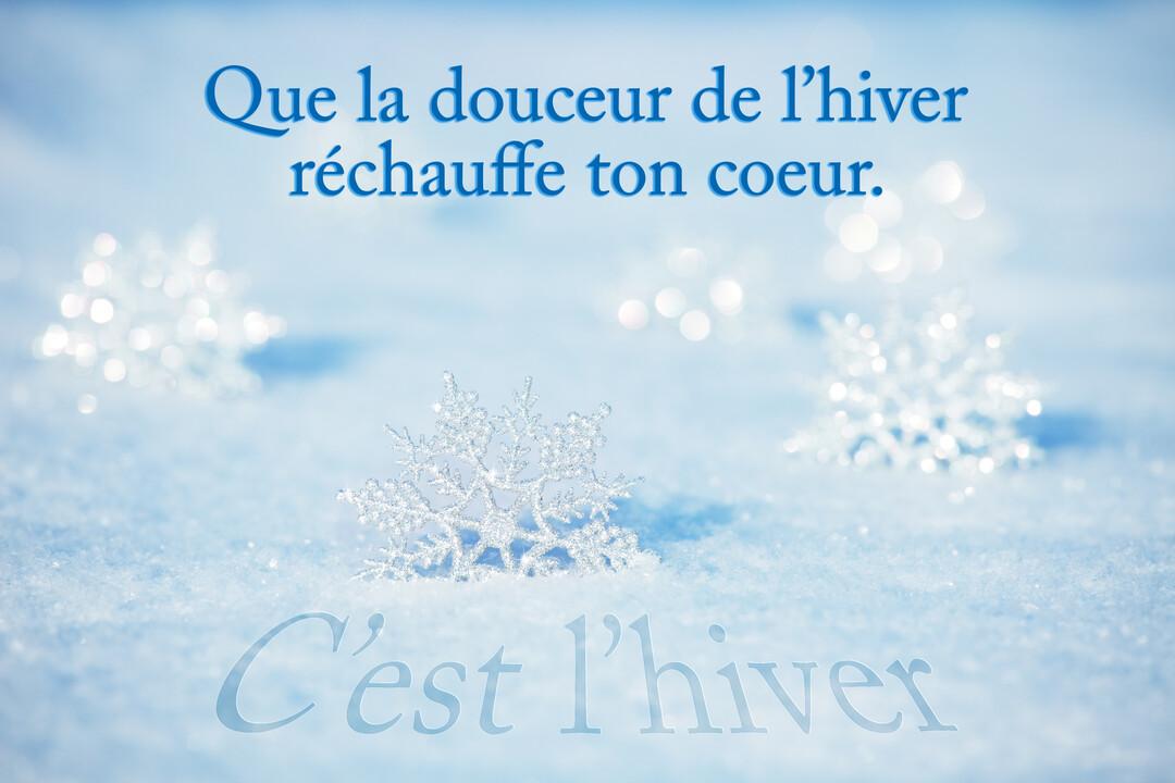 Des flocons de neige cristallins et scintillants sont posés sur un tapis de neige blanche, avec un fond bleu clair et un effet bokeh.