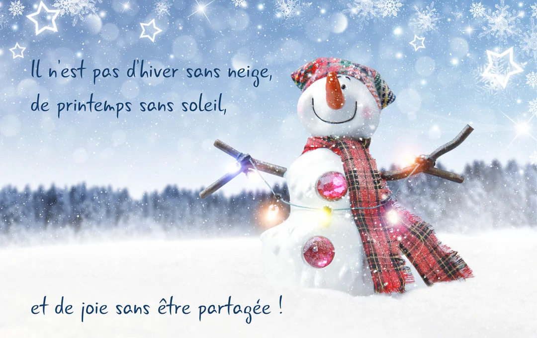 Un bonhomme de neige souriant, coiffé et portant une écharpe, se tient dans un paysage hivernal enneigé sous un ciel étoilé.