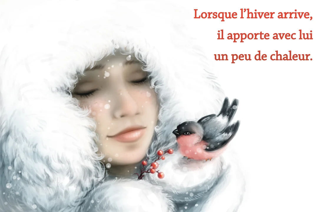 Illustration d'une femme sereine, vêtue d'une capuche en fourrure, tenant délicatement un petit oiseau bouvreuil dans un décor de neige hivernal.