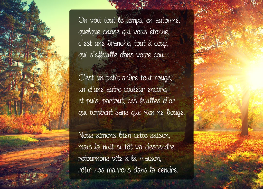 Une scène de forêt en automne baignée d'une lumière chaude, avec un poème superposé sur l'image d'arbres aux feuilles colorées.