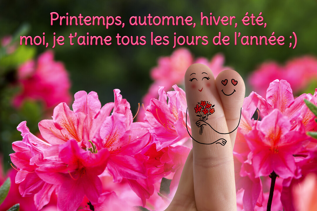 En gros plan, deux doigts avec des visages souriants dessinés s'enlacent devant un parterre de fleurs d'azalées roses et fuchsia.