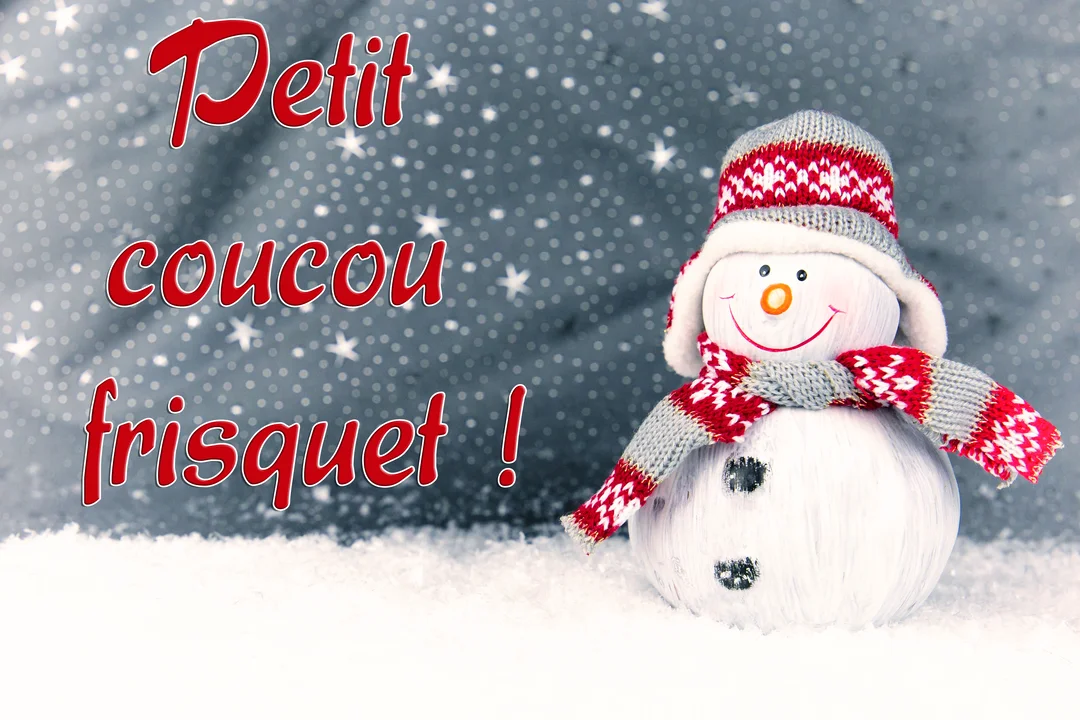 Un bonhomme de neige souriant en figurine, avec bonnet et écharpe tricotés, se tient dans la neige sur un fond gris étoilé.