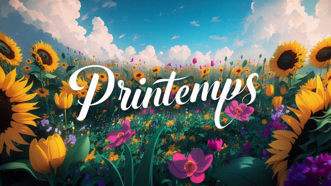 Une illustration d'un vaste champ de fleurs jaunes, roses et violettes sous un ciel bleu avec des nuages, avec 'Printemps' écrit au centre.