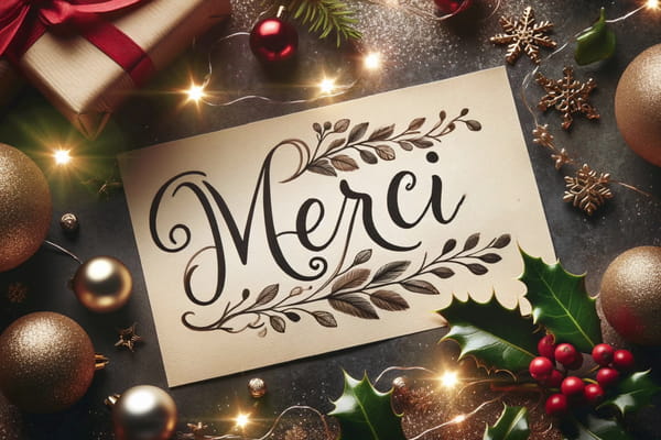 Carte 'Merci' calligraphiée, posée au milieu de décorations de Noël : boules dorées, cadeaux, houx et guirlandes lumineuses.