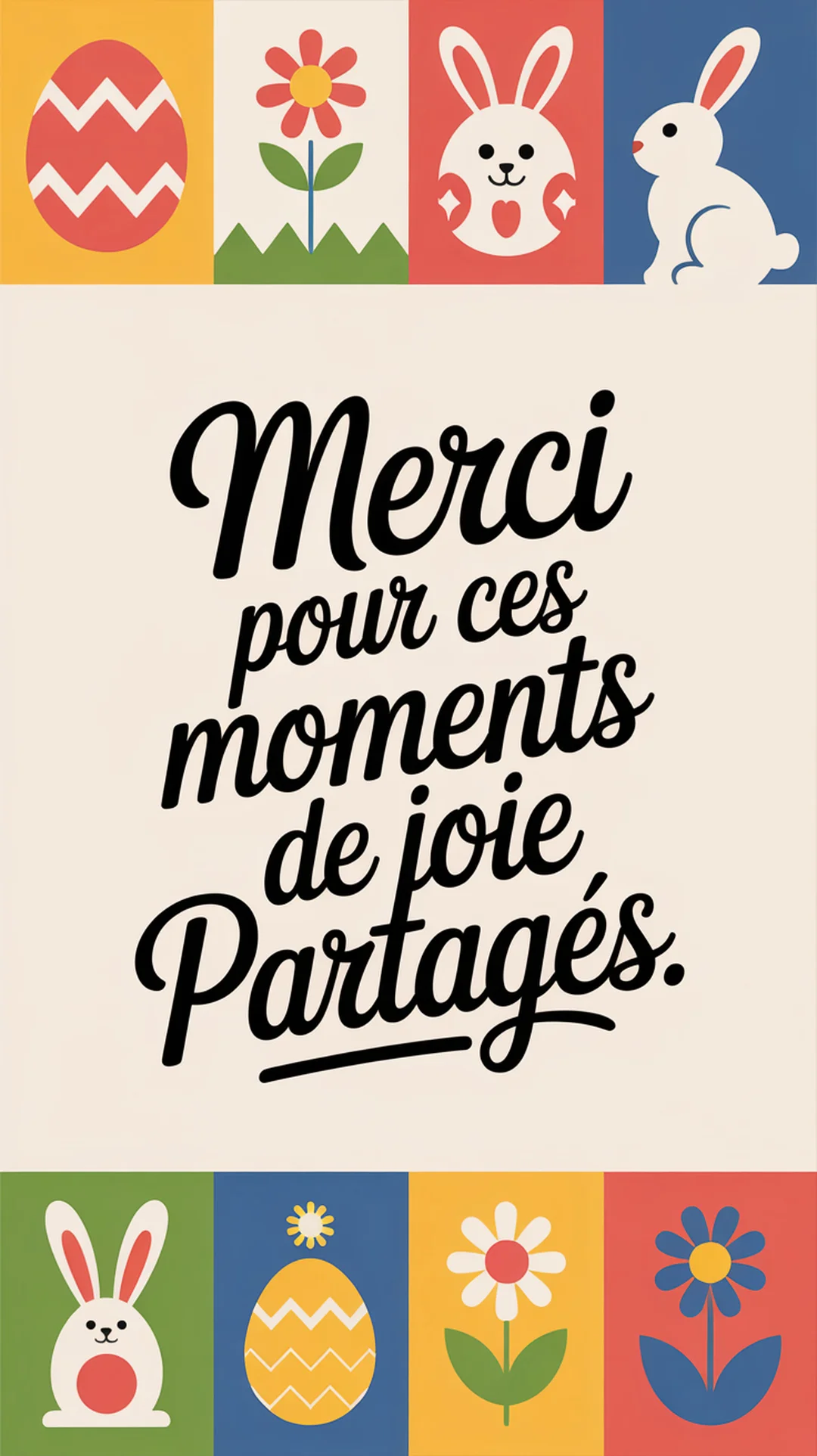 Une carte de Pâques avec des icônes de lapins et d'œufs colorés, encadrant un message de remerciement calligraphié au centre.