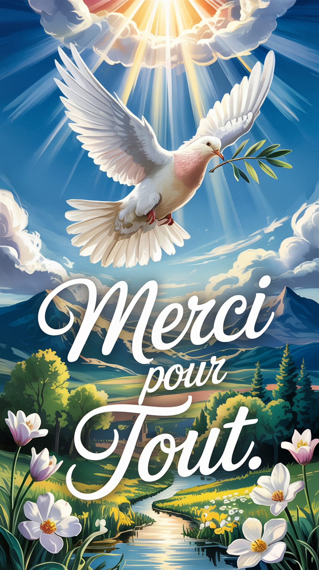 Une colombe blanche avec un rameau d'olivier vole au-dessus d'un paysage de montagnes et de fleurs, sous un soleil divin.