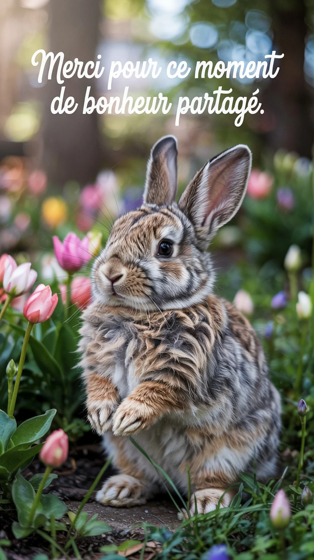 Un petit lapin au pelage fourni, brun et gris, est assis sur ses pattes arrière au milieu d'un champ de tulipes multicolores.