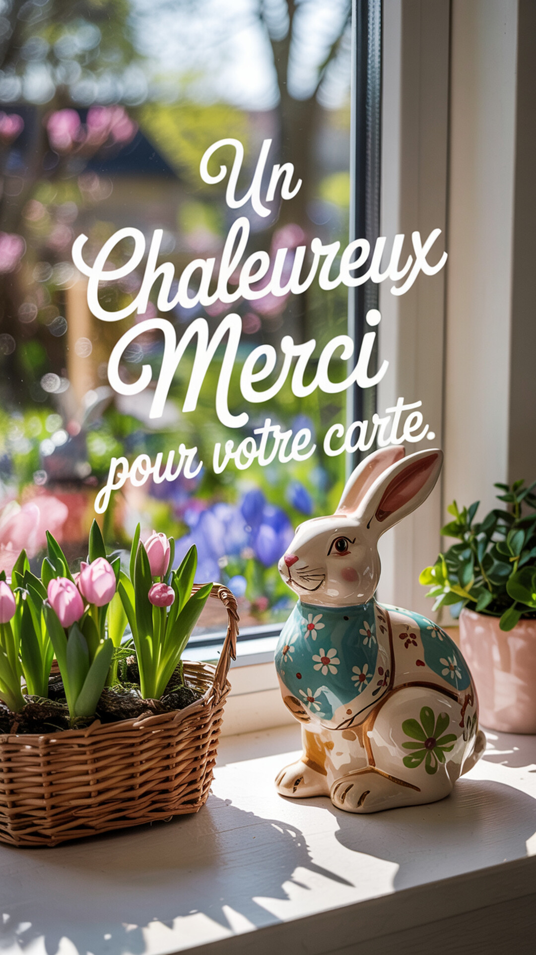 Un lapin de Pâques en céramique est posé sur un rebord de fenêtre à côté d'un panier de tulipes roses, baigné de soleil.
