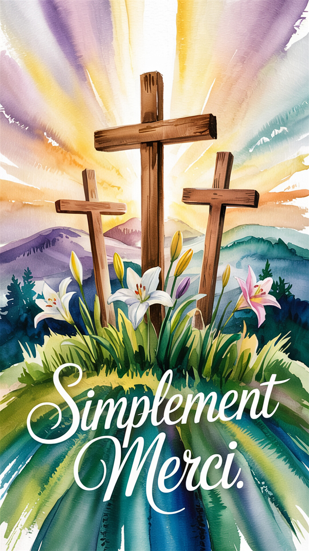 Une illustration à l'aquarelle de trois croix en bois sur une colline verdoyante, avec des lys blancs et un ciel lumineux à l'arrière-plan.
