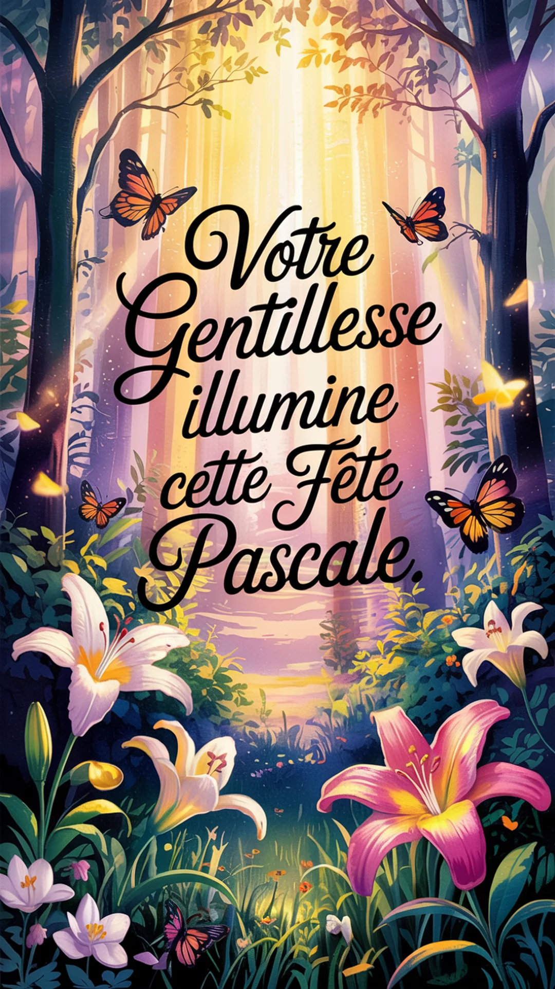 Une illustration d'une forêt enchantée où des papillons volent autour de fleurs de lys et d'un texte calligraphié sur fond lumineux.